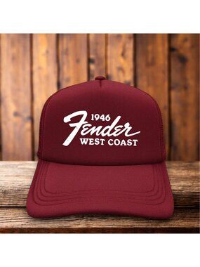 1946 Fender Guitar West Coast Mens Trucker Hat Maroon Snapback Mesh Cap